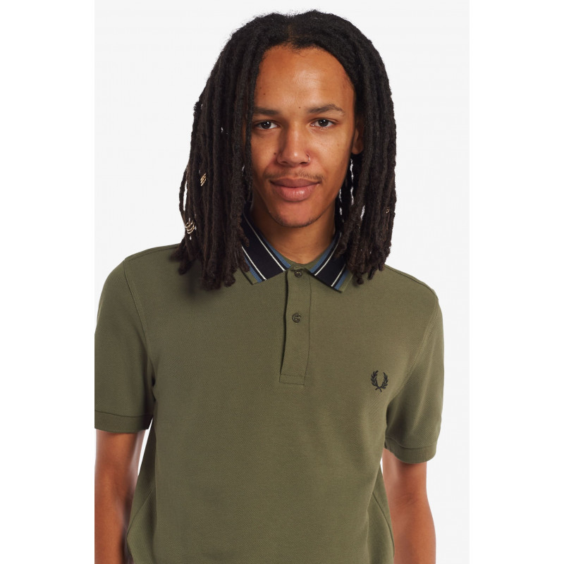 Fred Perry Polo Uomo Piqué Di Cotone Verde Militare Collo Con Righe Prezzo 115,00