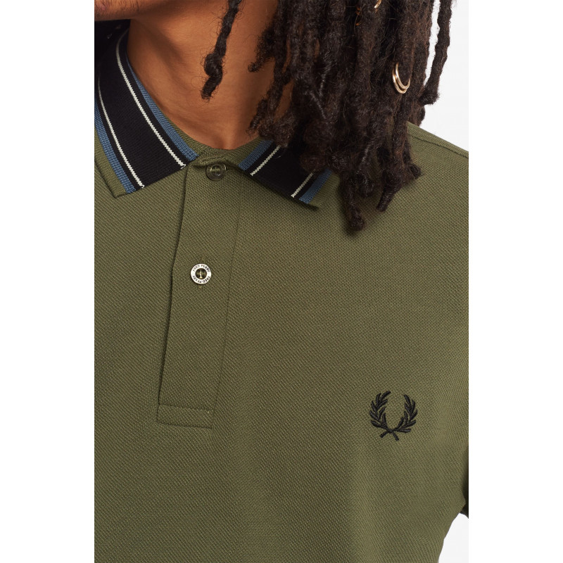 Fred Perry Polo Uomo Piqué Di Cotone Verde Militare Collo Con Righe Prezzo 115,00