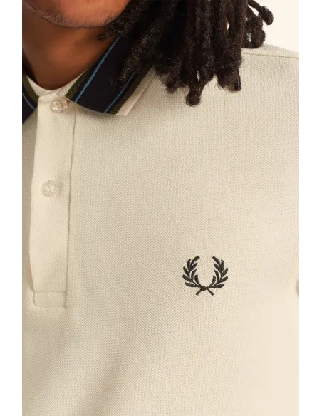 Fred Perry - - Polo Uomo Piqué Di Cotone Verde Militare Collo Con Righe Prezzo 115,00