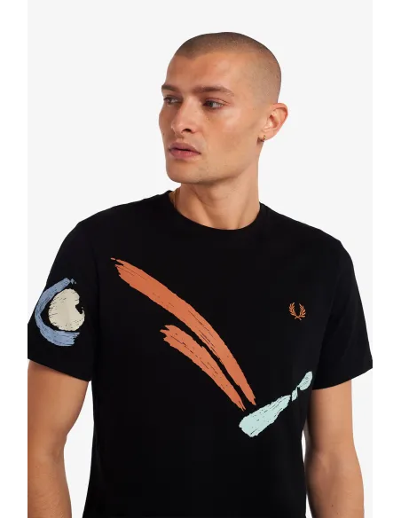 Fred Perry - - T-Shirt Uomo Jersey Cotone Nero Stampa Frontale Prezzo 95,00