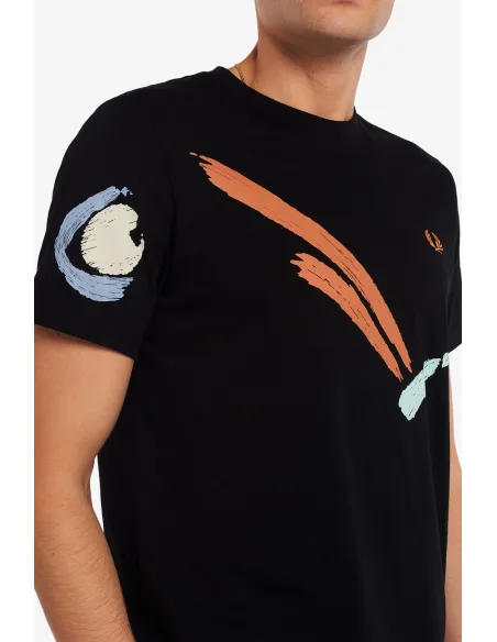 Fred Perry - - T-Shirt Uomo Jersey Cotone Nero Stampa Frontale Prezzo 95,00