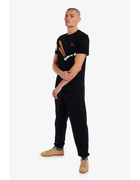 Fred Perry - - T-Shirt Uomo Jersey Cotone Nero Stampa Frontale Prezzo 95,00
