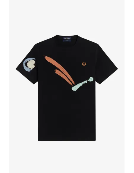 Fred Perry - - T-Shirt Uomo Jersey Cotone Nero Stampa Frontale Prezzo 95,00