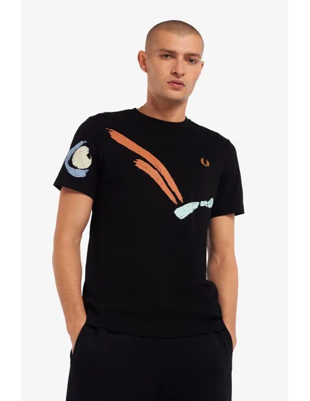 Fred Perry - - T-Shirt Uomo Jersey Cotone Nero Stampa Frontale Prezzo 95,00