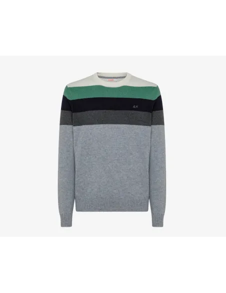 Sun 68 / Maglia Uomo Girocollo Misto Lana Grigio Chiaro Righe In Contrasto Prezzo 160,00