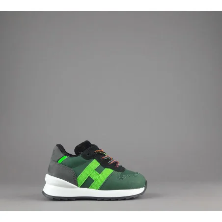 Hogan Sneakers J484 Junior Baby Nabuk Tela Verde Scuro H Tessuto Fluo Prezzo 180,00