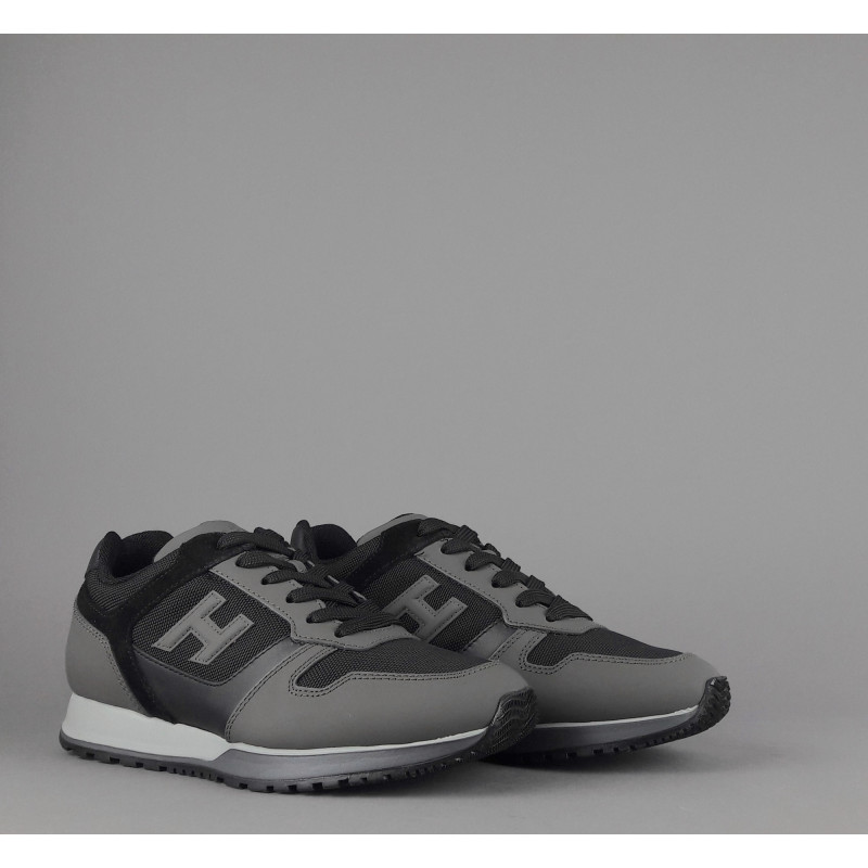 Hogan / Sneakers H321 Uomo Pelle Gommata Tela Grigio Scuro Nero H Flock Prezzo 350,00