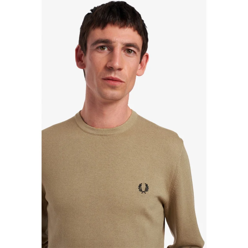 Fred Perry Maglione Girocollo Uomo Misto Lana Cotone Cammello Prezzo 190,00