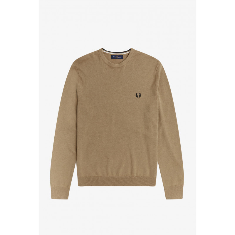 Fred Perry / Maglione Girocollo Uomo Misto Lana Cotone Cammello Prezzo 190,00
