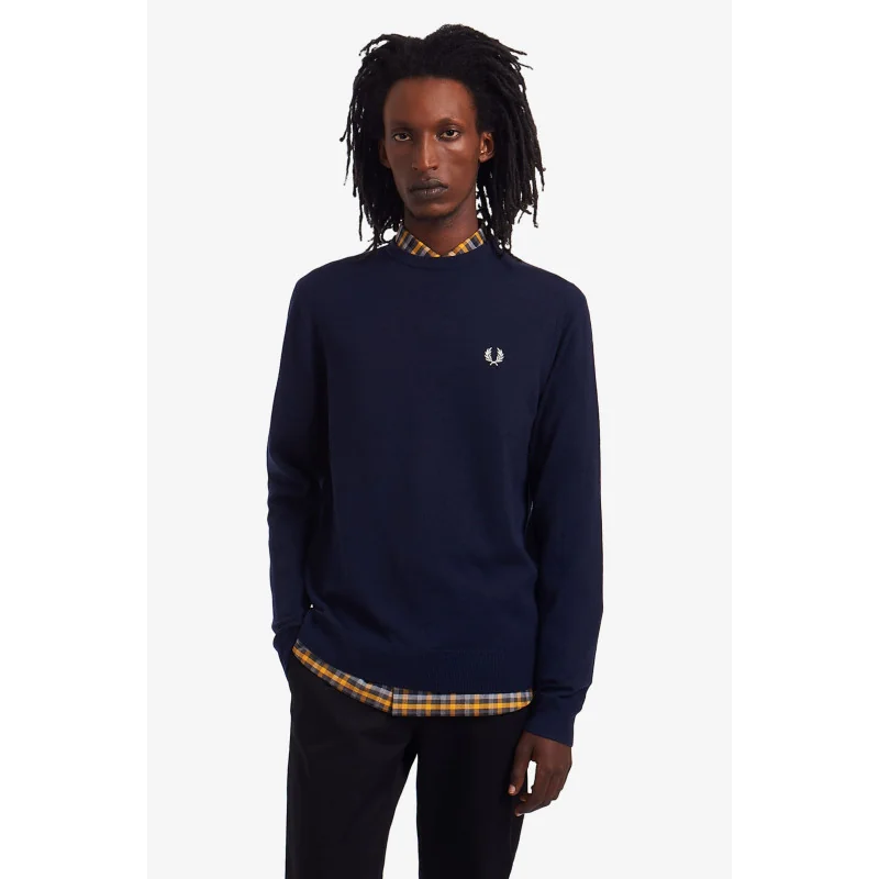 Fred Perry Maglione Girocollo Uomo Misto Lana Cotone Blu Scuro Prezzo 190,00