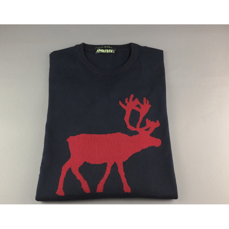 Shockly / Maglia Uomo Girocollo Misto Lana/Cachemire Blu Scuro Ricamo Renna Prezzo 160,00
