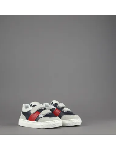 Tod's Sneakers Junior Baby 06J Camoscio Pelle Grigio Chiaro Blu Scuro Fascia Logata Rossa Velcro Prezzo 250,00
