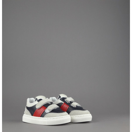 Tod's / Sneakers Junior Baby 06J Camoscio Pelle Grigio Chiaro Blu Scuro Fascia Logata Rossa Velcro Prezzo 250,00