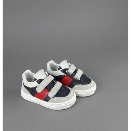 Tod's / Sneakers Junior Baby 06J Camoscio Pelle Grigio Chiaro Blu Scuro Fascia Logata Rossa Velcro Prezzo 250,00