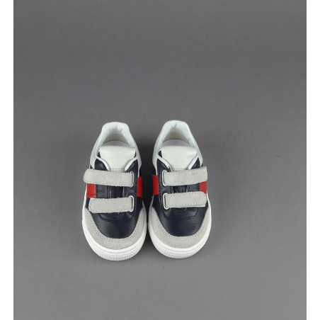 Tod's / Sneakers Junior Baby 06J Camoscio Pelle Grigio Chiaro Blu Scuro Fascia Logata Rossa Velcro Prezzo 250,00