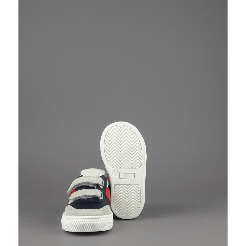 Tod's / Sneakers Junior Baby 06J Camoscio Pelle Grigio Chiaro Blu Scuro Fascia Logata Rossa Velcro Prezzo 250,00