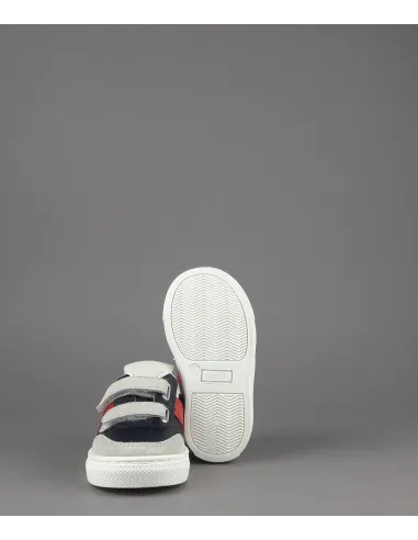Tod's Sneakers Junior Baby 06J Camoscio Pelle Grigio Chiaro Blu Scuro Fascia Logata Rossa Velcro Prezzo 250,00