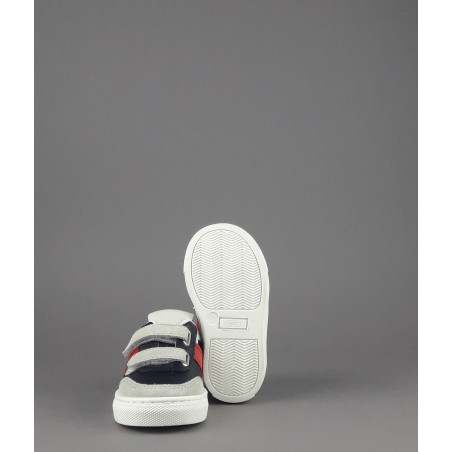 Tod's / Sneakers Junior Baby 06J Camoscio Pelle Grigio Chiaro Blu Scuro Fascia Logata Rossa Velcro Prezzo 250,00