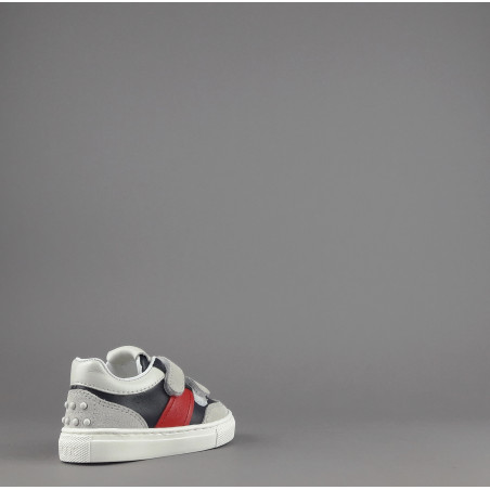 Tod's / Sneakers Junior Baby 06J Camoscio Pelle Grigio Chiaro Blu Scuro Fascia Logata Rossa Velcro Prezzo 250,00