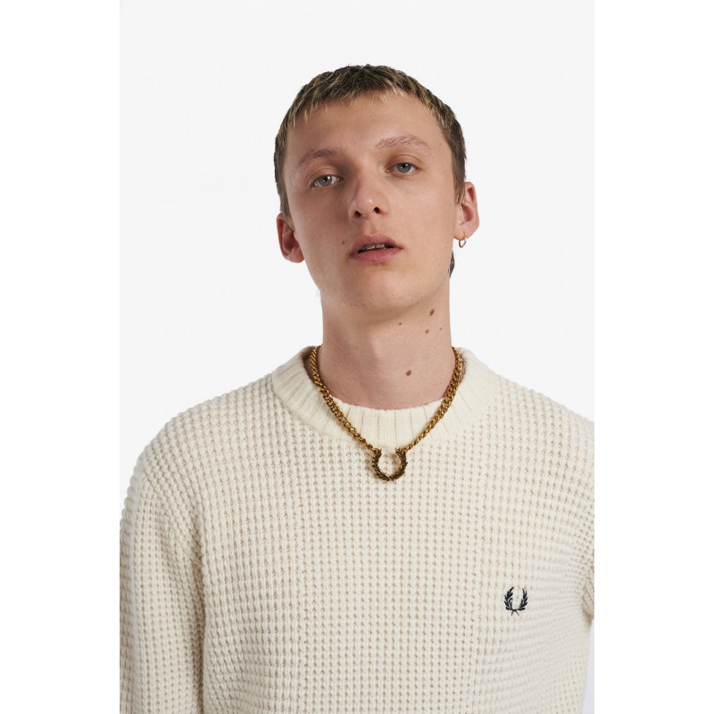 Fred Perry Maglione Girocollo Uomo Textured Lana Bianco Opaco Prezzo 255,00