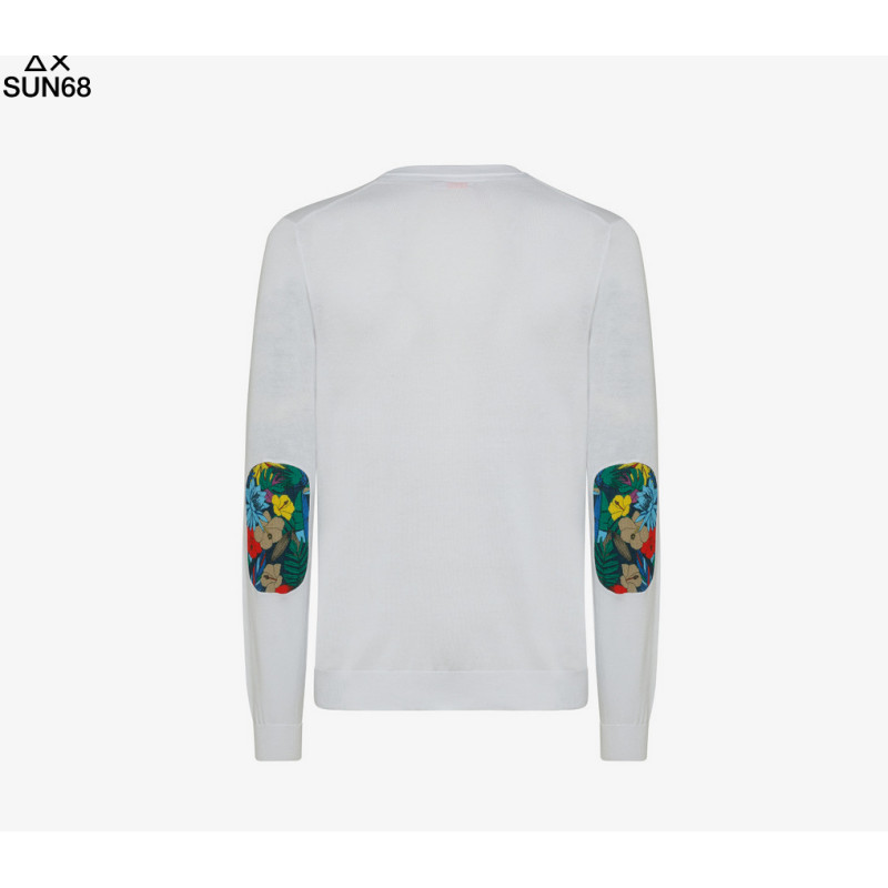 Sun 68 _ Sa Maglia Uomo Girocollo Cotone Bianco Con Toppe Prezzo 130,00