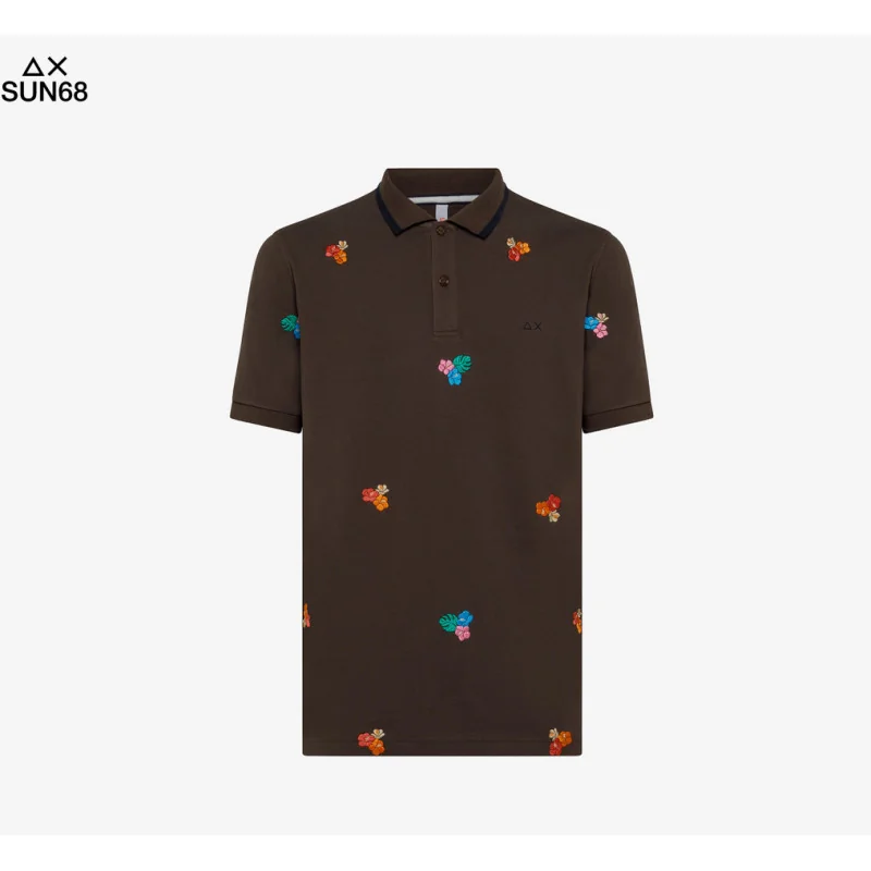 Sun 68 _ Sa Polo Uomo Full Embroidery Due Bottoni In Cotone Stretch Marrone Scuro Prezzo 85,00