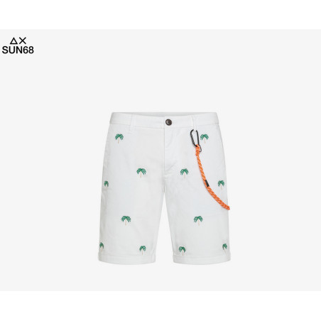 Sun 68 _ Sa Bermuda Uomo Cotone Stretch Bianco Ricami Palma Prezzo 90,00