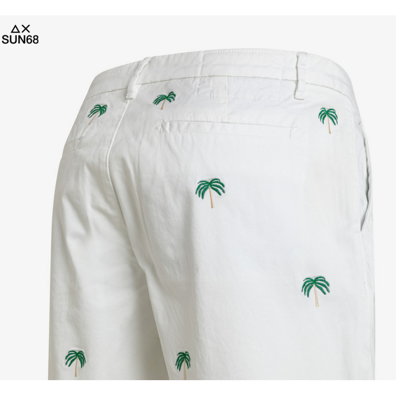 Sun 68 _ Sa Bermuda Uomo Cotone Stretch Bianco Ricami Palma Prezzo 90,00