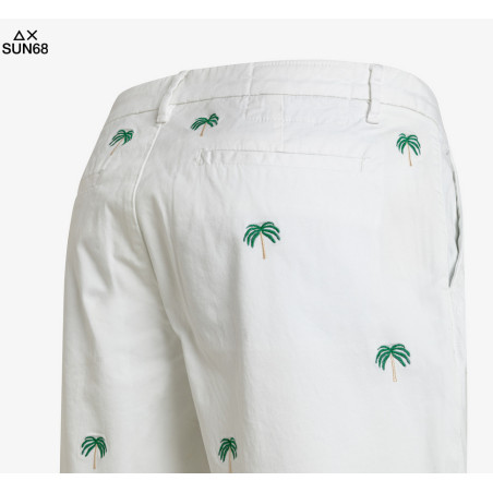 Sun 68 _ Sa Bermuda Uomo Cotone Stretch Bianco Ricami Palma Prezzo 90,00