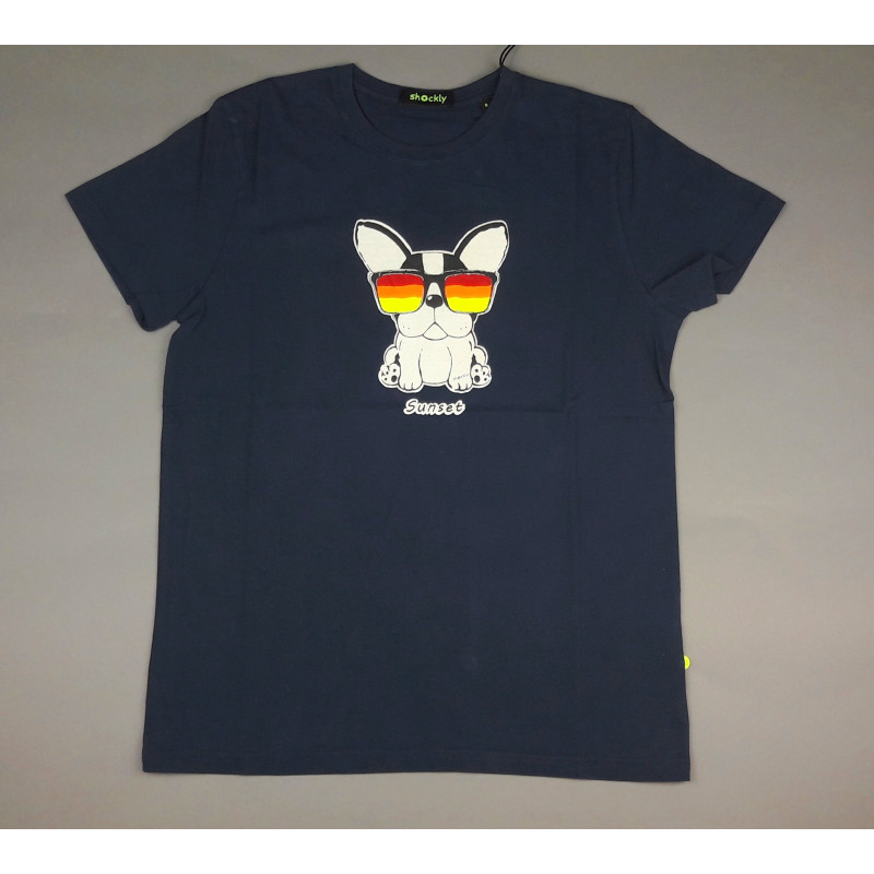Shockly _ Sa T-Shirt Uomo Cotone Blu Scuro Con Stampa French Bulldog Prezzo 59,00