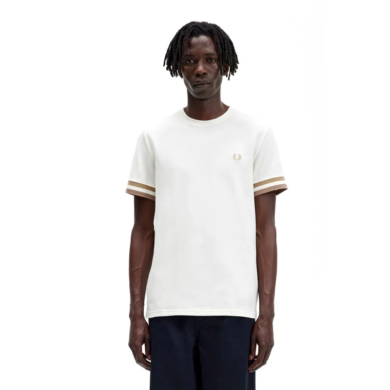 Fred Perry _ Sa T-Shirt Uomo Cotone Avorio Con Righe Sulle Maniche Prezzo 85,00