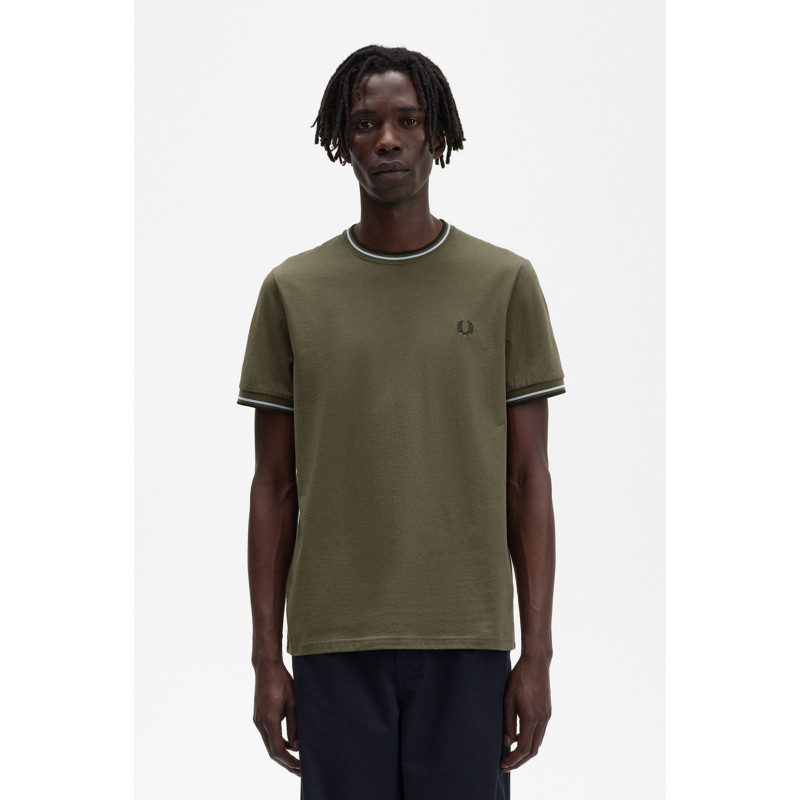 Fred Perry _ Sa T-Shirt Uomo Cotone Verde Militare Righe Ver Mil Scu / Bianco Prezzo 66,00