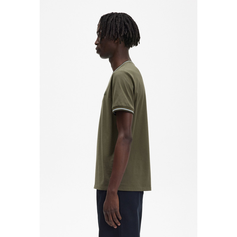 Fred Perry _ Sa T-Shirt Uomo Cotone Verde Militare Righe Ver Mil Scu / Bianco Prezzo 66,00