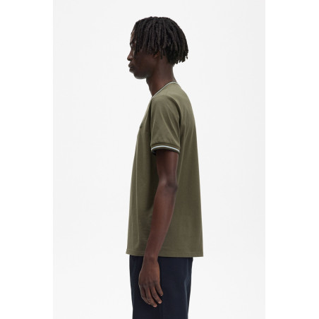 Fred Perry _ Sa T-Shirt Uomo Cotone Verde Militare Righe Ver Mil Scu / Bianco Prezzo 66,00