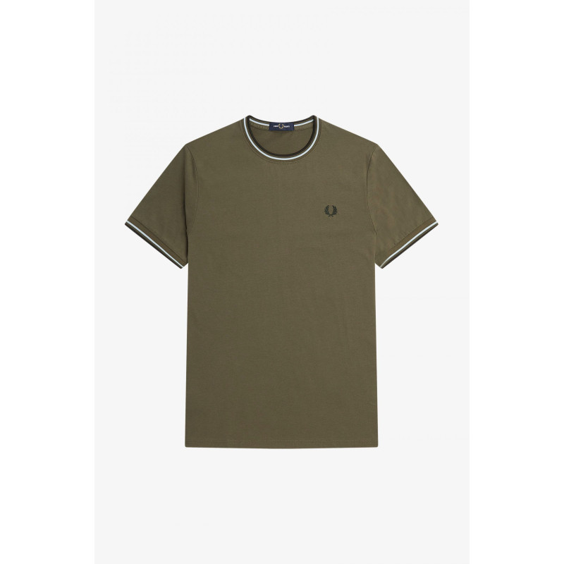 Fred Perry _ Sa T-Shirt Uomo Cotone Verde Militare Righe Ver Mil Scu / Bianco Prezzo 66,00