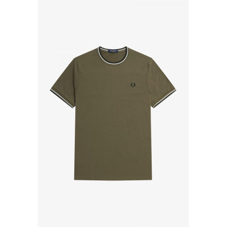 Fred Perry _ Sa T-Shirt Uomo Cotone Verde Militare Righe Ver Mil Scu / Bianco Prezzo 66,00