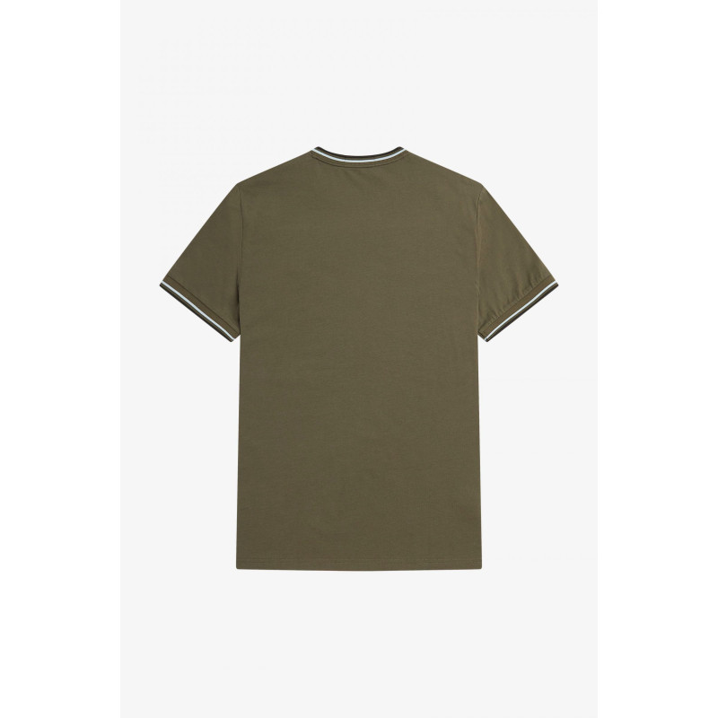 Fred Perry _ Sa T-Shirt Uomo Cotone Verde Militare Righe Ver Mil Scu / Bianco Prezzo 66,00