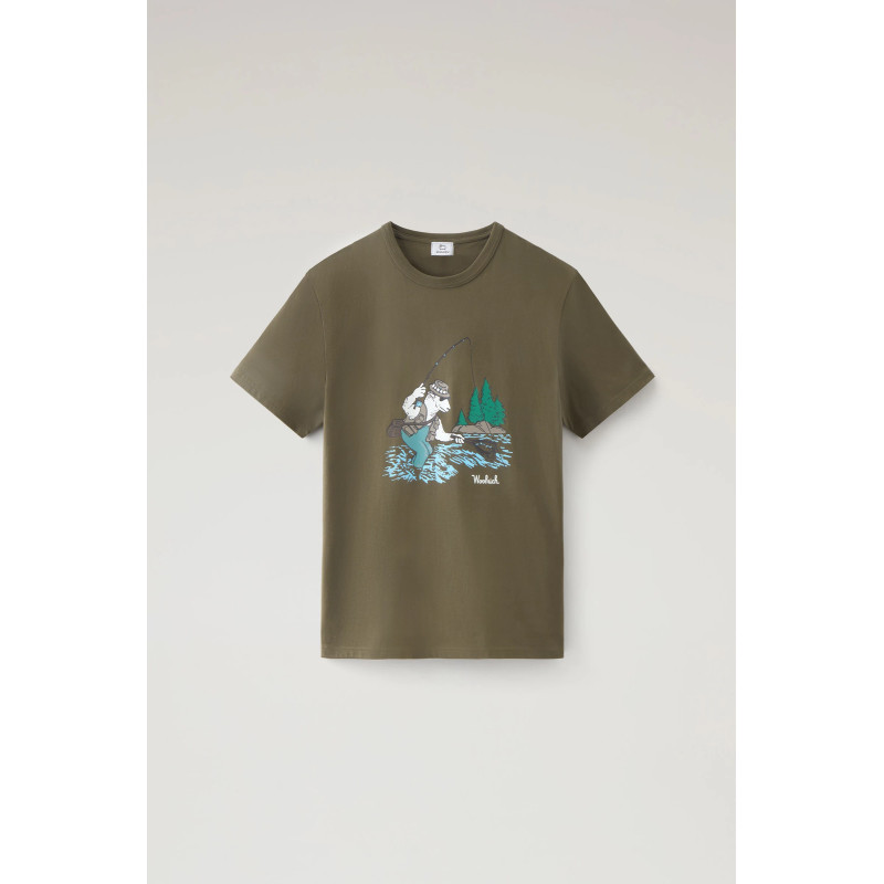 Woolrich T-Shirt Uomo Cotone Verde Militare Stampa Al Petto Prezzo 70,00