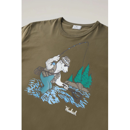Woolrich T-Shirt Uomo Cotone Verde Militare Stampa Al Petto Prezzo 70,00