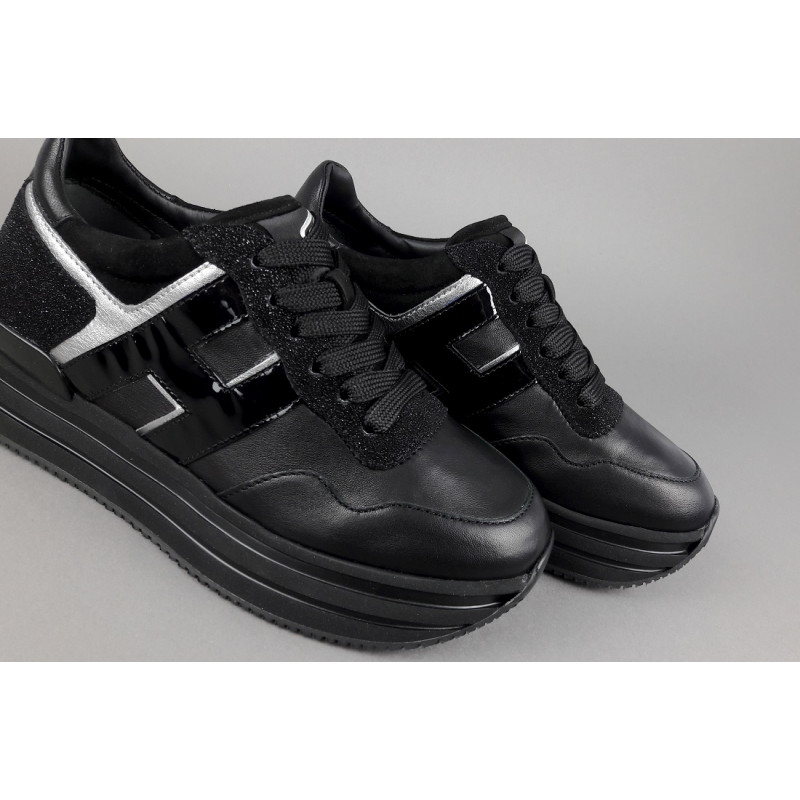 Hogan Midi Platform H483 Donna Pelle Nero H Vernice Nero Argento Prezzo 370,00