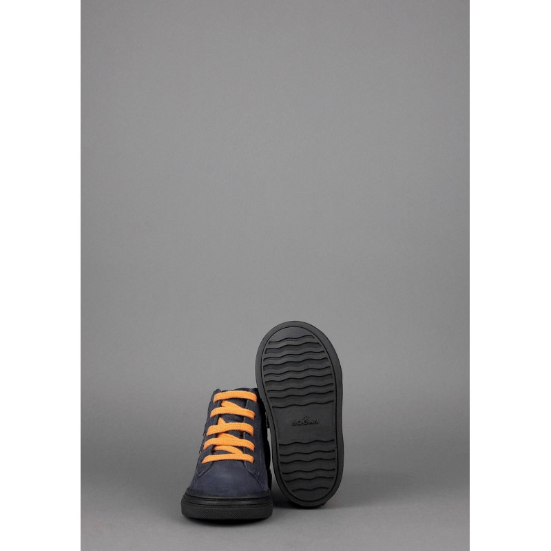 Hogan Sneakers Hi Top J340 Junior Baby Camoscio Blu Scuro H Suede Blu Scuro Profilo Arancio Prezzo 160,00