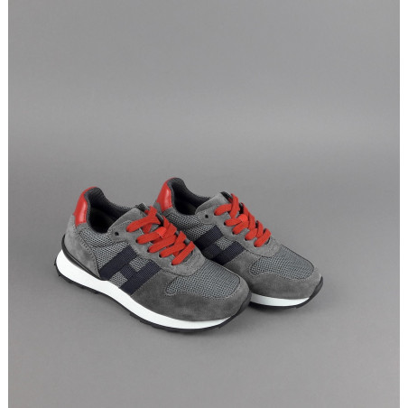 Hogan Sneakers J484 Junior Camoscio Tela Grigio Scuro H Tessuto Blu Prezzo 190,00