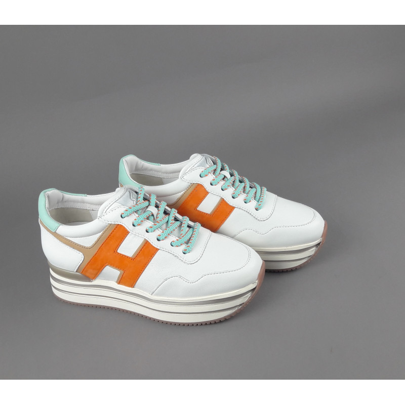 Hogan Midi Platform H483 Donna Pelle Nappa Bianco H Camoscio Arancio Prezzo 450,00