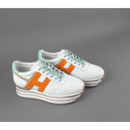 Hogan Midi Platform H483 Donna Pelle Nappa Bianco H Camoscio Arancio Prezzo 450,00
