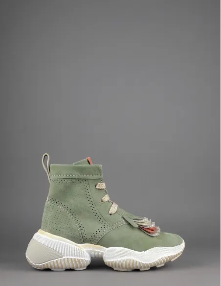 Hogan Interaction Donna Tronchetto Camoscio Verde Militare Tenue Frange Prezzo 470,00