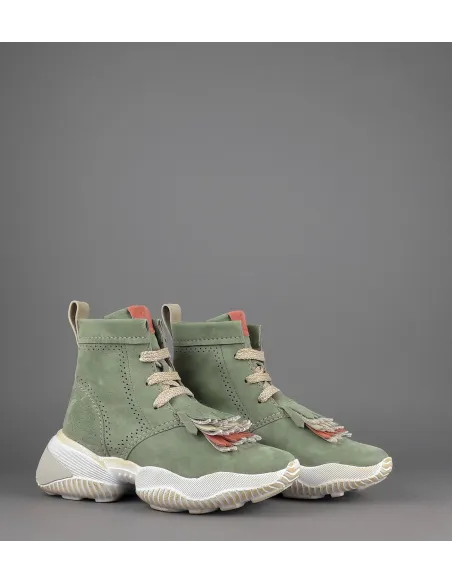 Hogan Interaction Donna Tronchetto Camoscio Verde Militare Tenue Frange Prezzo 470,00