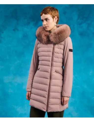 Peuterey /// Piumino Donna Slim Seriola Tessuto Tecnico Rosa Antico Cappuccio Pelliccia Prezzo 800,00