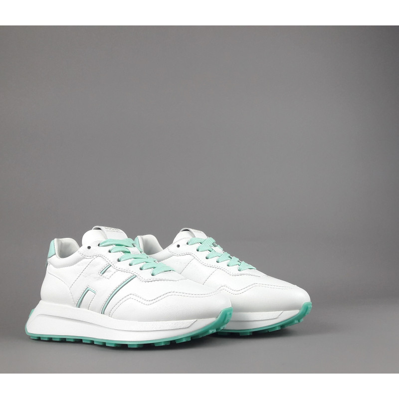 Hogan - Sneakers Donna H641 Pelle Nappa Bianco H Profilo Verde Acqua Prezzo 460,00