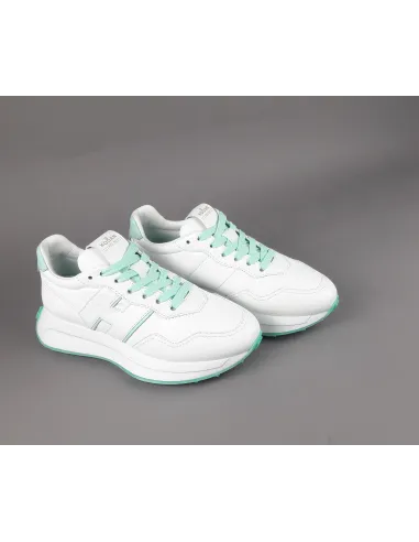 Hogan - Sneakers Donna H641 Pelle Nappa Bianco H Profilo Verde Acqua Prezzo 460,00