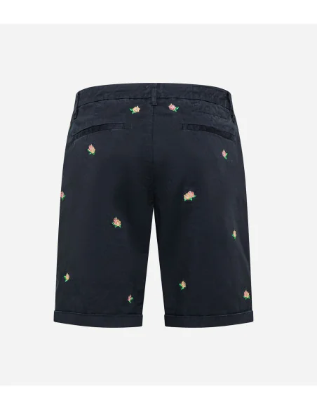 Sun 68 - Bermuda Uomo Cotone Stretch Blu Scuro Ricami Fiori Prezzo 90,00